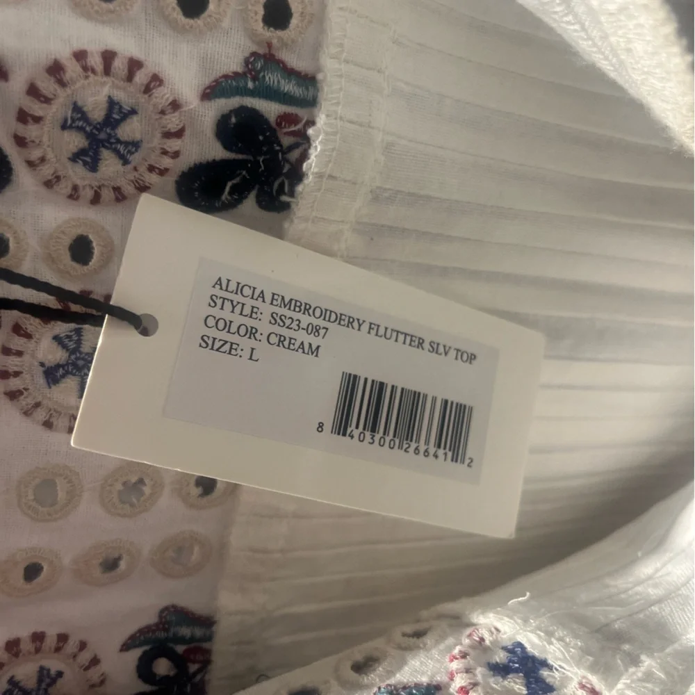 NWT Sea New York Alicia Embroidered Flutter Sleeve Cotton Linen Top Cream L - Picture 8 of 8